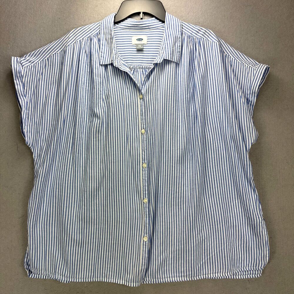 Old Navy Top Women's XXL Blue White Strip Button Up Shirt Classic Normcore